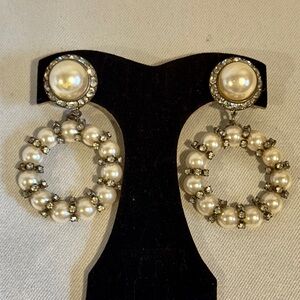 Vintage Faux Pearl Crystal and Silver tone Pierced Dangle Hoop Earrings